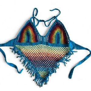 Rainbow crochet top with fringe and shell details 🐚🌈